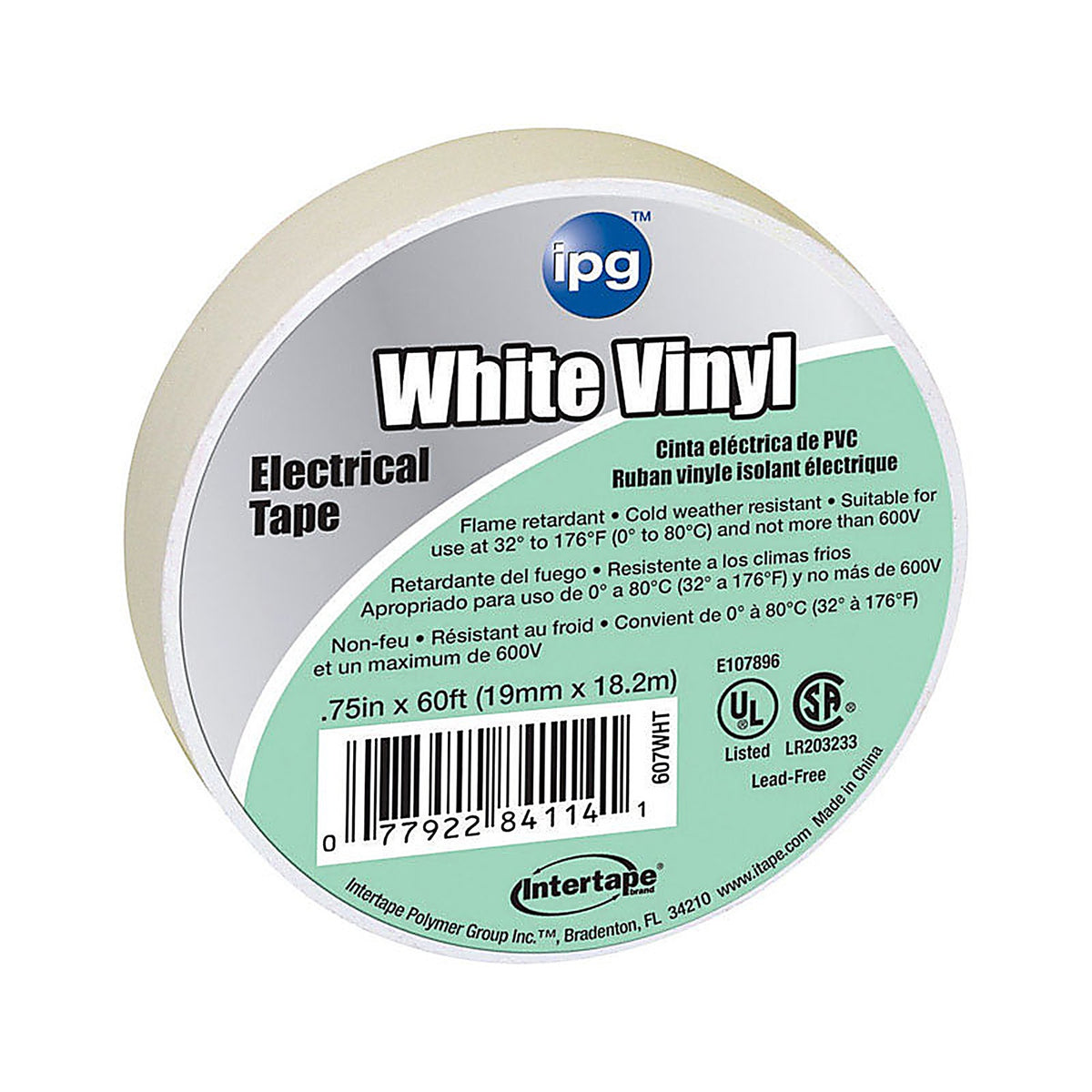IPG - 607WHT - .75 in. W X 60 ft. L White Vinyl Electrical Tape
