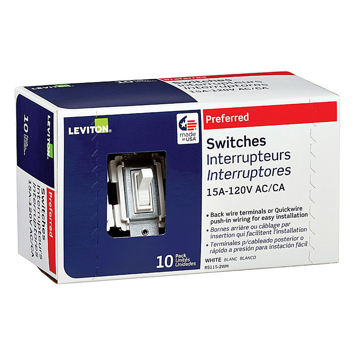 Leviton - RS115-WM - 15 amps Toggle AC Quiet Switch White - 10/Pack