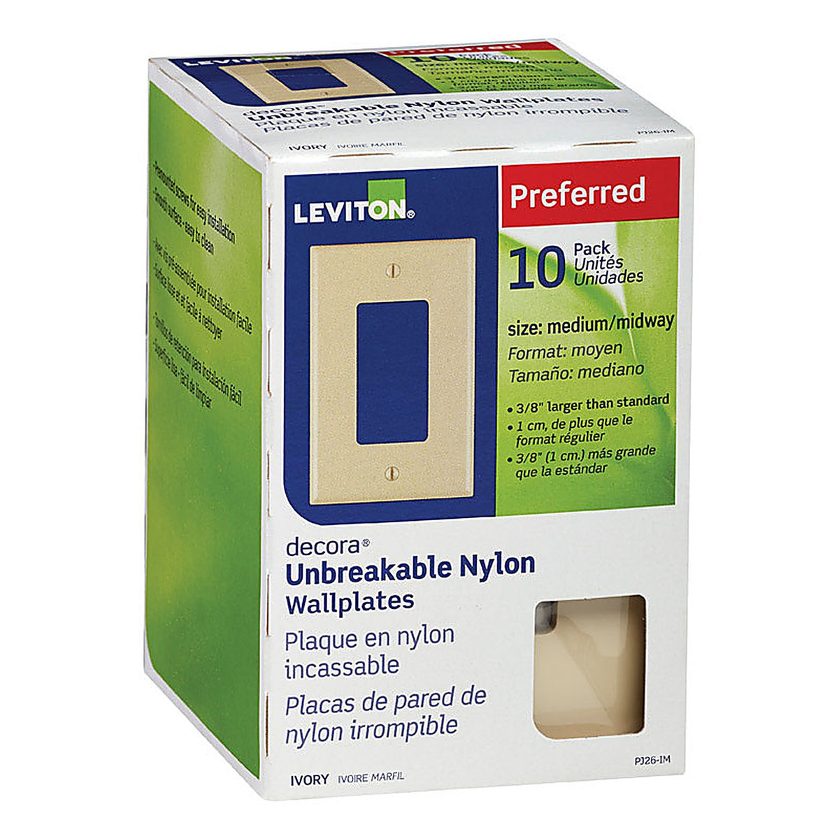 Leviton - PJ26-IM - Decora Ivory 1 gang Thermoplastic Nylon Rocker Wall Plate - 10/Pack