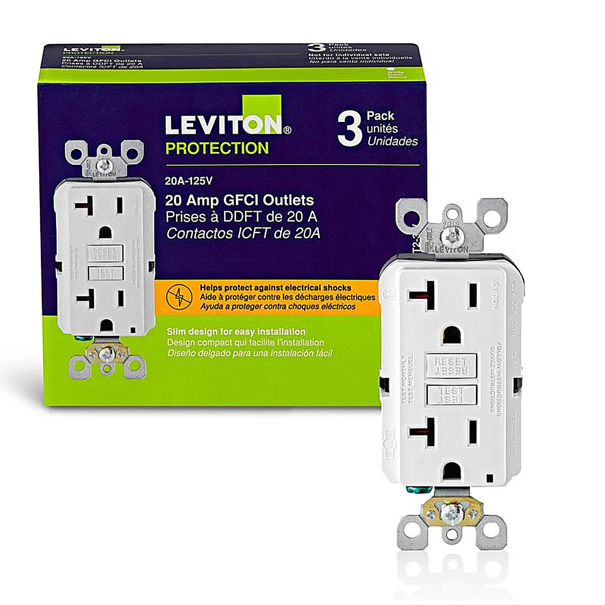 Leviton - GFNT2-3W - Smartlock Pro 20 amps 125 volt Duplex White GFCI Outlet 5-20R - 3/Pack
