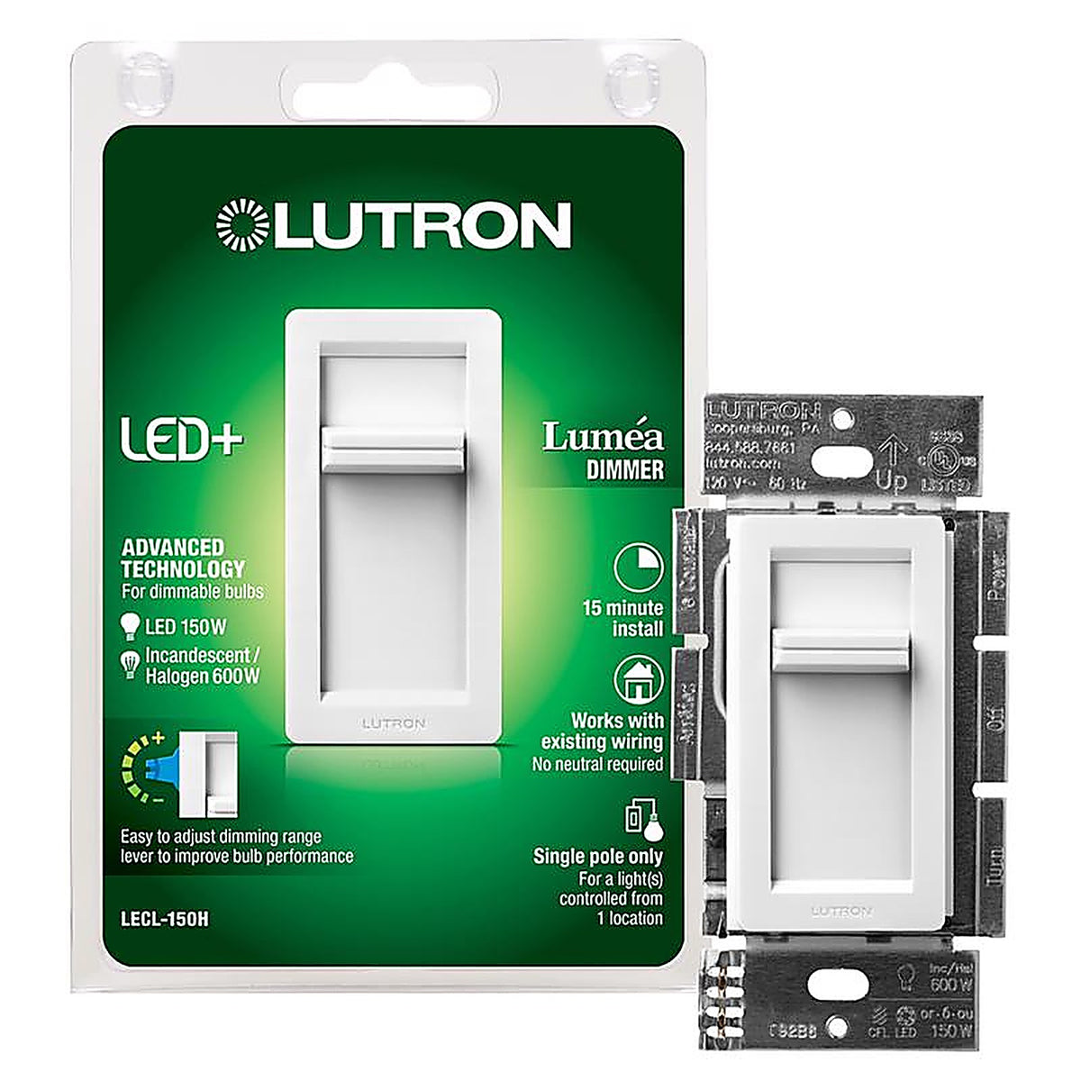 Lutron - LECL-150H-WH - Lumea White 150 watt Slide Dimmer Switch - 1/Pack