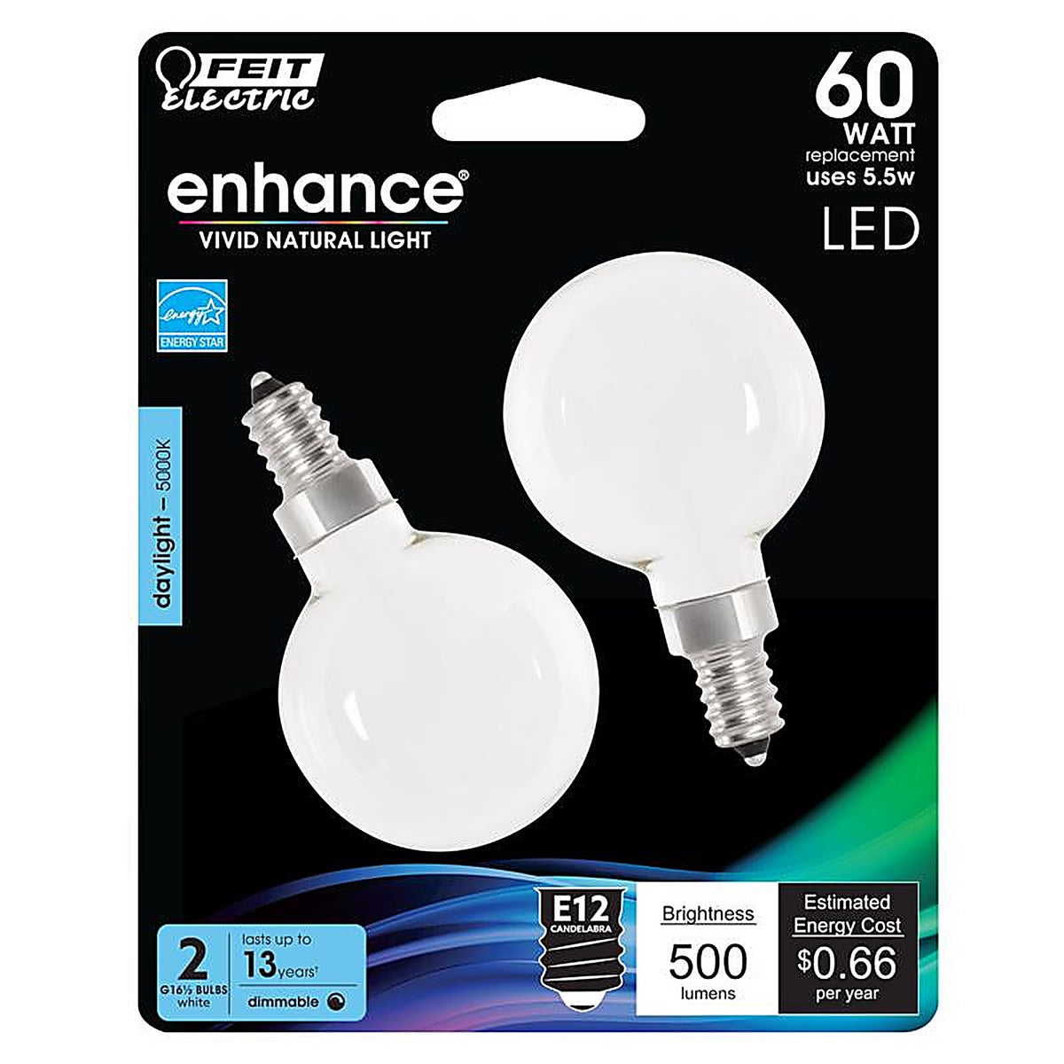 Feit Electric - BPG1660W95CAFL2 - Enhance G16.5 E12 (Candelabra) Filament LED Bulb Daylight 60 W 2 pk