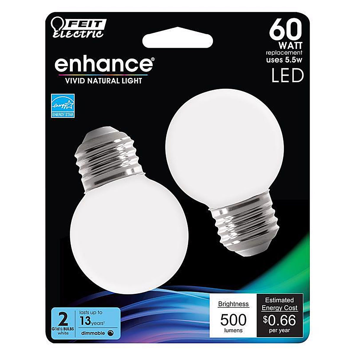 Feit Electric - BPGM60950CAFL2R - Enhance G16.5 E26 (Medium) Filament LED Bulb Daylight 60 W 2 pk