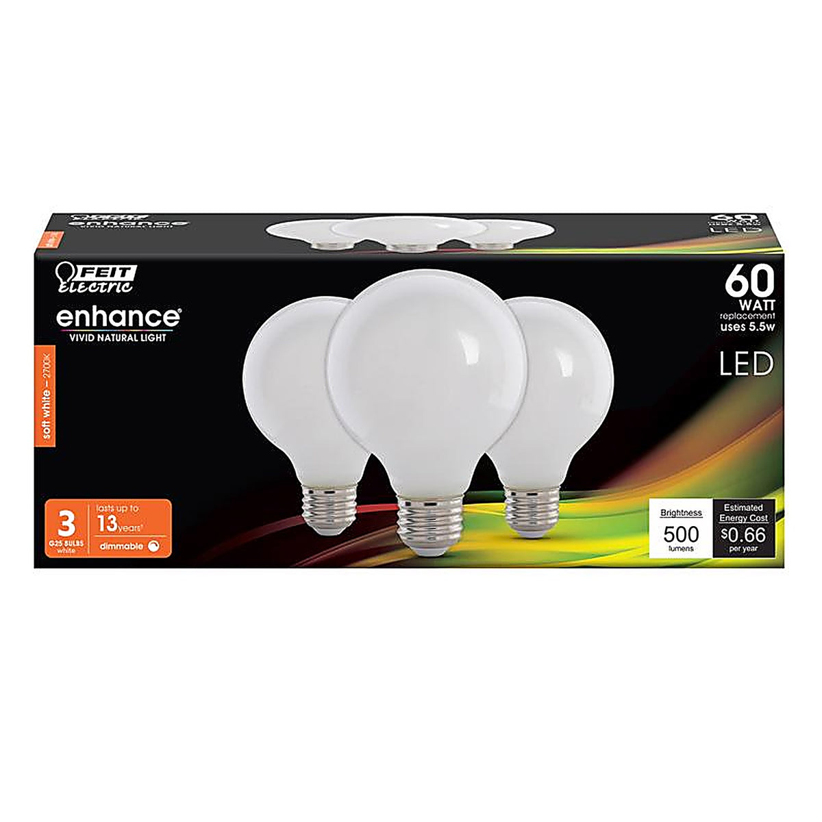 Feit Electric - G2560W927CAFL3R - Enhance G25 E26 (Medium) Filament LED Bulb Soft White 60 W 3 pk