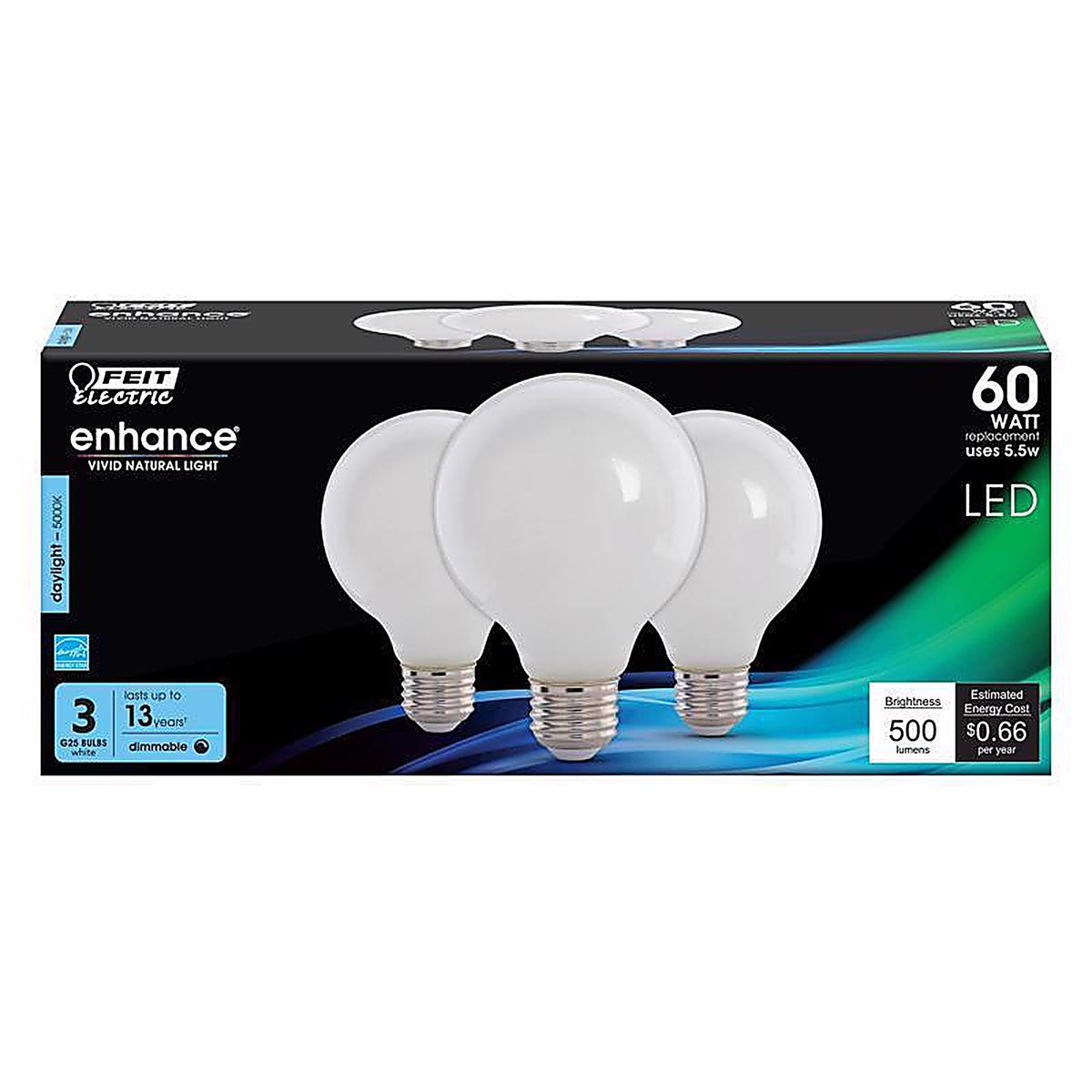 Feit Electric - G2560W950CAFL3R - Enhance G25 E26 (Medium) Filament LED Bulb Daylight 60 W 3 pk