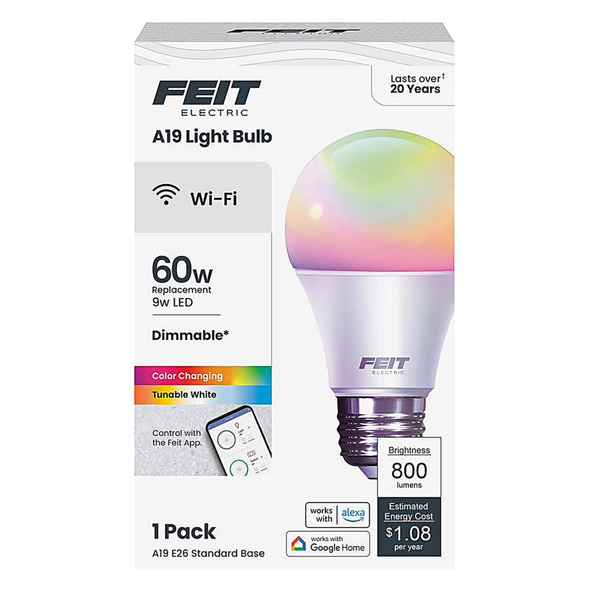 Feit Electric - OM60/RGBW/CA/AG - A19 E26 (Medium) Smart WiFi LED Bulb Color Changing 60 W 1 pk