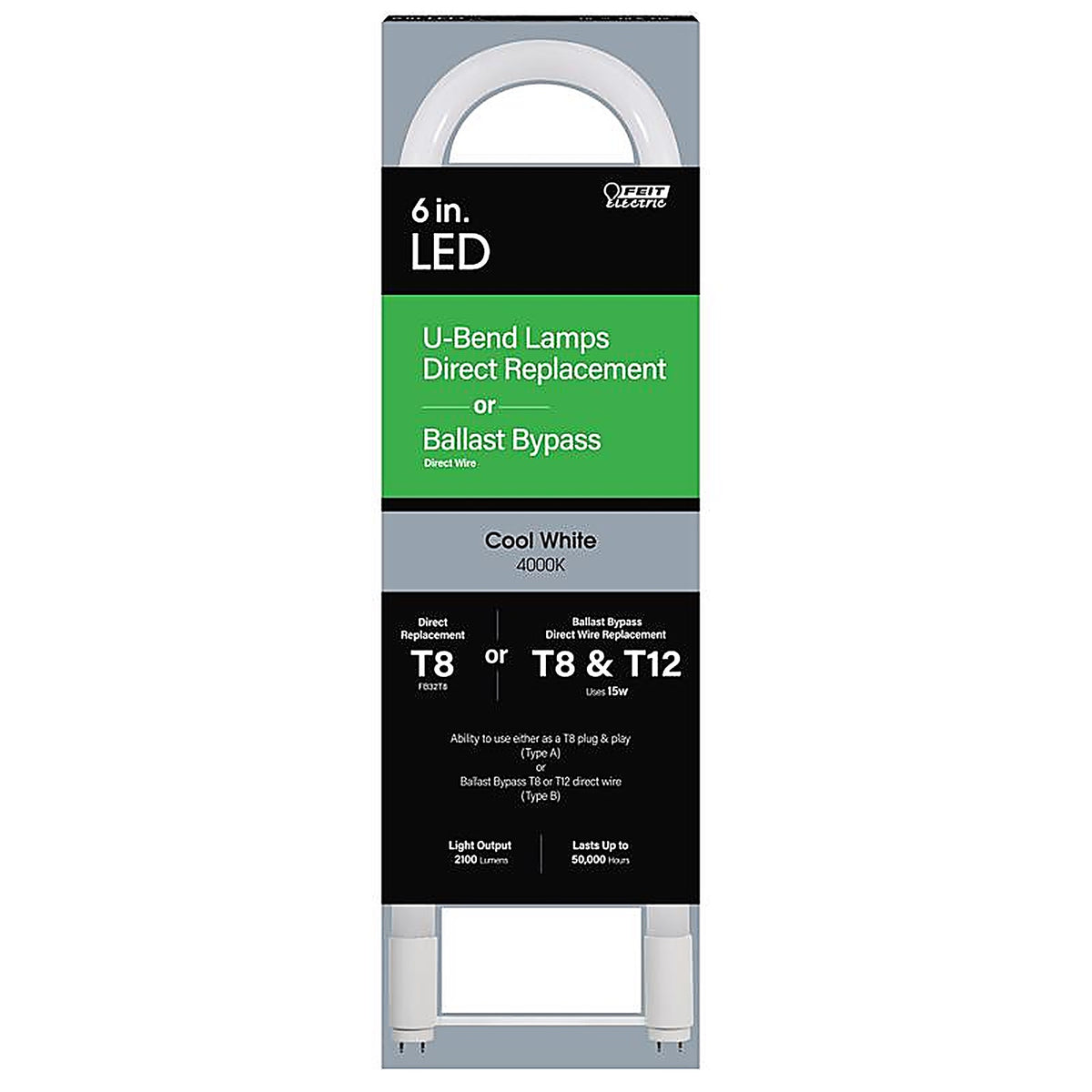 Feit Electric - T848840ABU6LED - Plug & Play T8 and T12 Cool White 6 in. G13 U-Bend LED Linear Lamp 32 Watt Equivalence