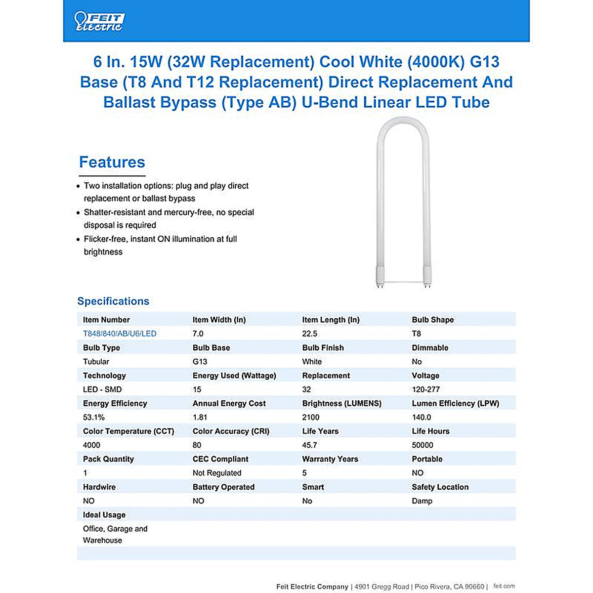 Feit Electric - T848840ABU6LED - Plug & Play T8 and T12 Cool White 6 in. G13 U-Bend LED Linear Lamp 32 Watt Equivalence