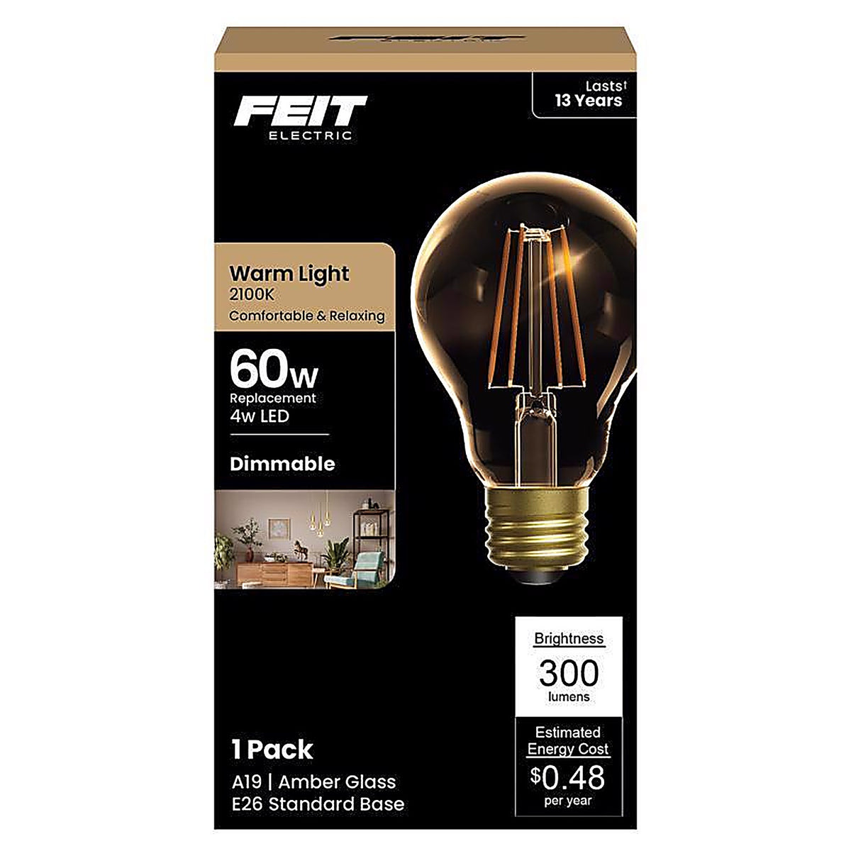 Feit Electric - AT19/VG/LED - A19 E26 (Medium) LED Bulb Amber Soft White 60 W 1 pk