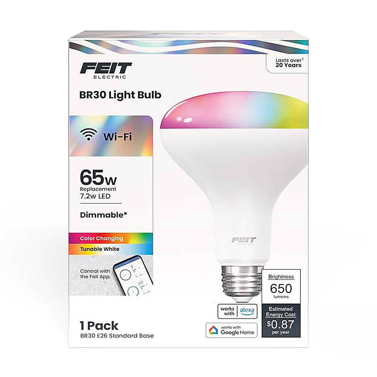 Feit Electric - BR30/RGBW/CA/AG - BR30 E26 (Medium) Smart WiFi LED Bulb Color Changing 65 W 1 pk