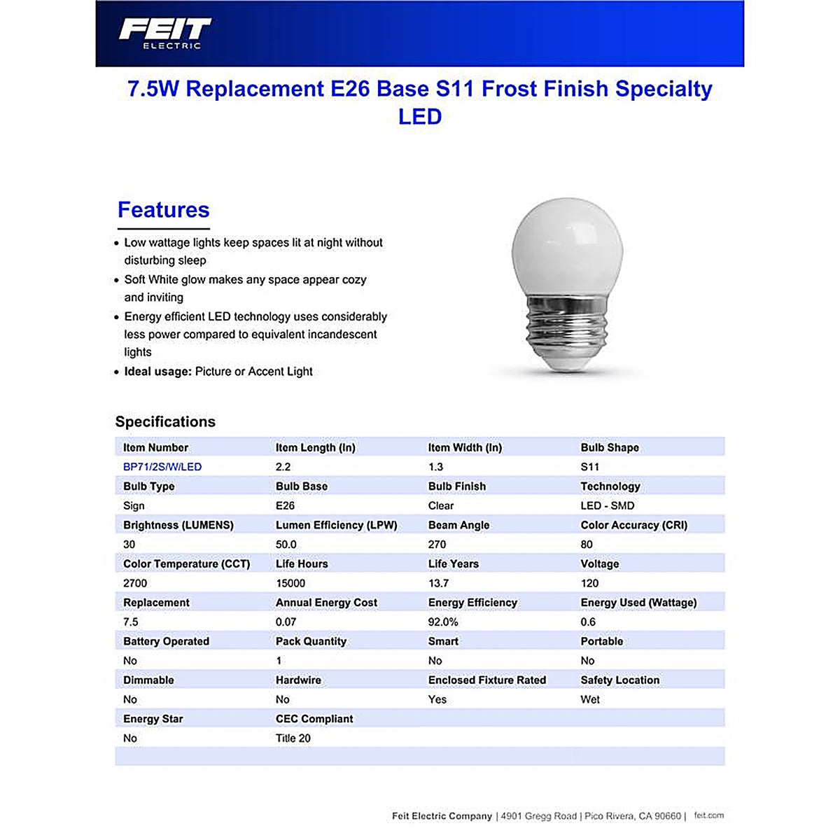 Feit Electric - BP71/2S/W/LED - S11 E26 (Medium) LED Bulb Soft White 7.5 W 1 pk
