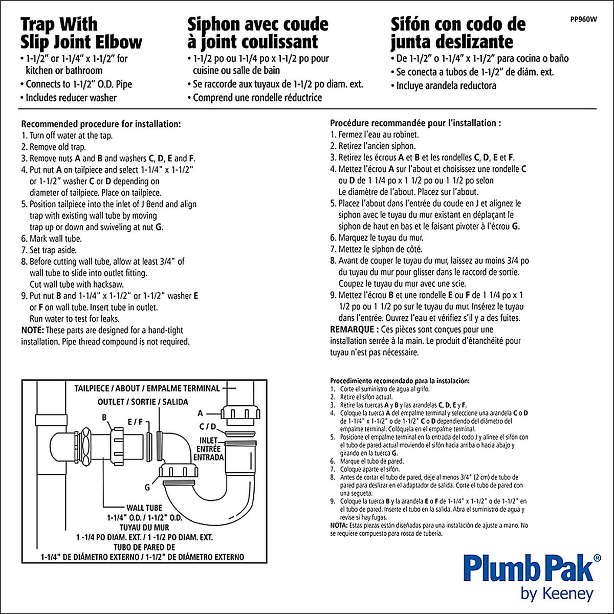 Plumb Pak - PP960W - 1-1/2 or 1-1/4 in. D Plastic S-Trap