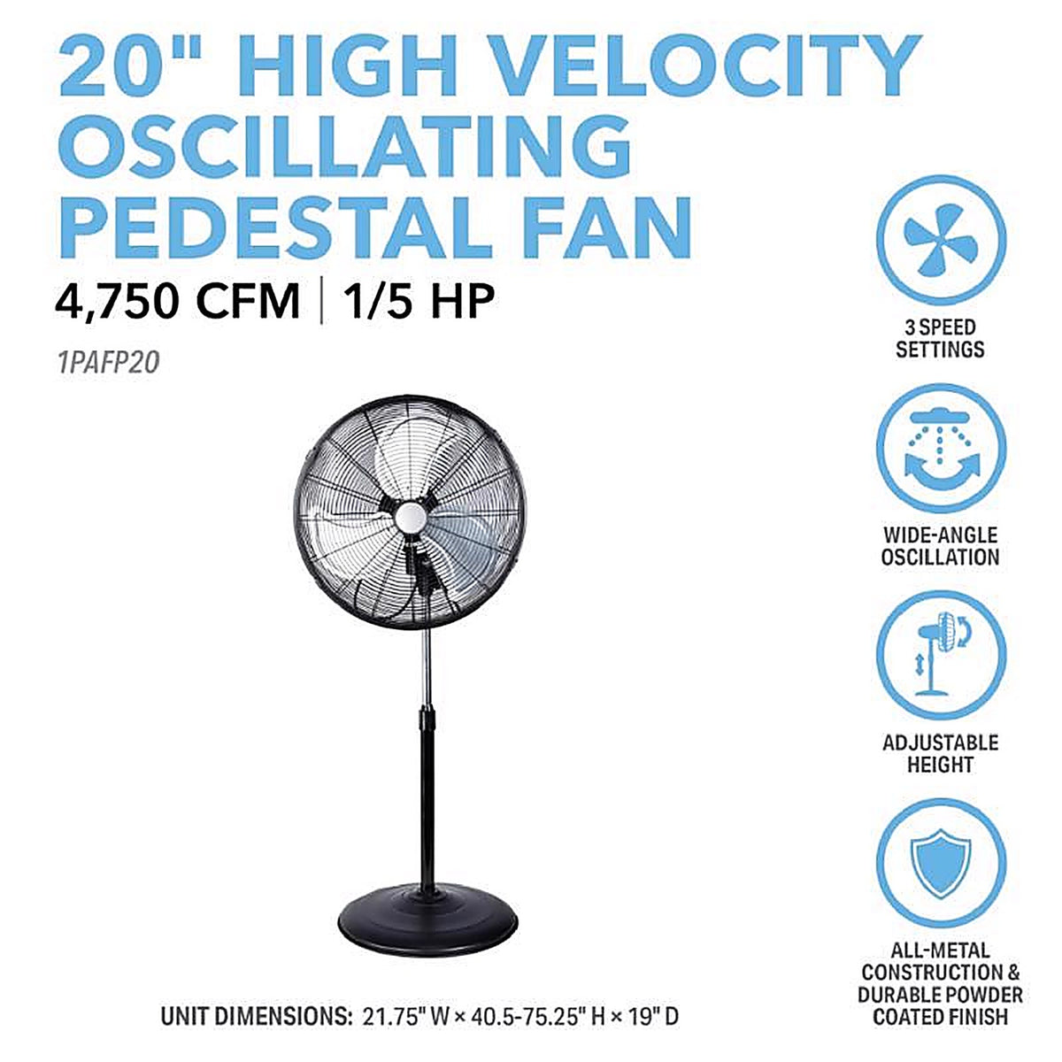 Perfect Aire - 1PAFP20 - 30.75 in. H X 20 in. D Oscillating Pedestal Fan