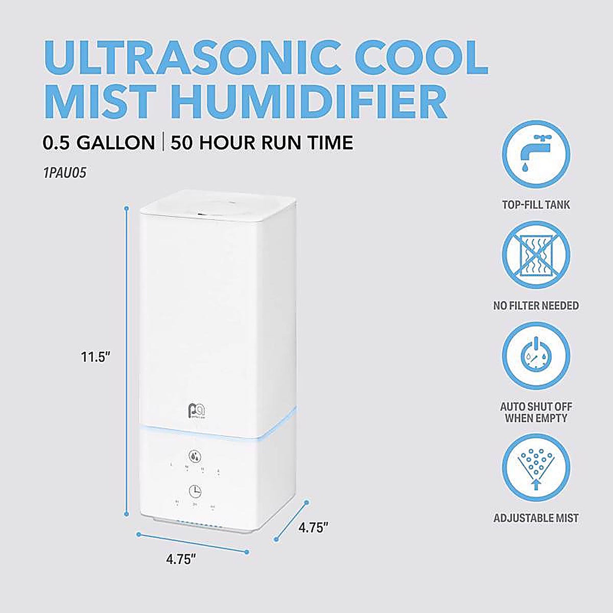 Perfect Aire - 1PAU05 - 0.53 gal 376 sq ft Digital Ultrasonic Cool Mist Humidifier W/Night Light