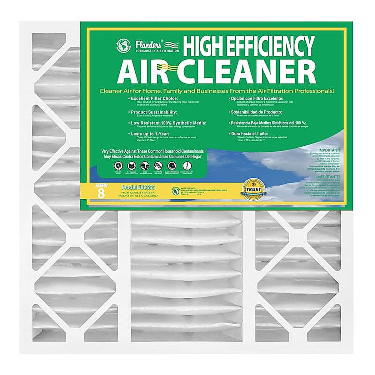 AAF Flanders - 82655.0452025 - 20 in. W X 25 in. H X 4-1/2 in. D Synthetic 8 MERV Pleated Air Filter 1 pk