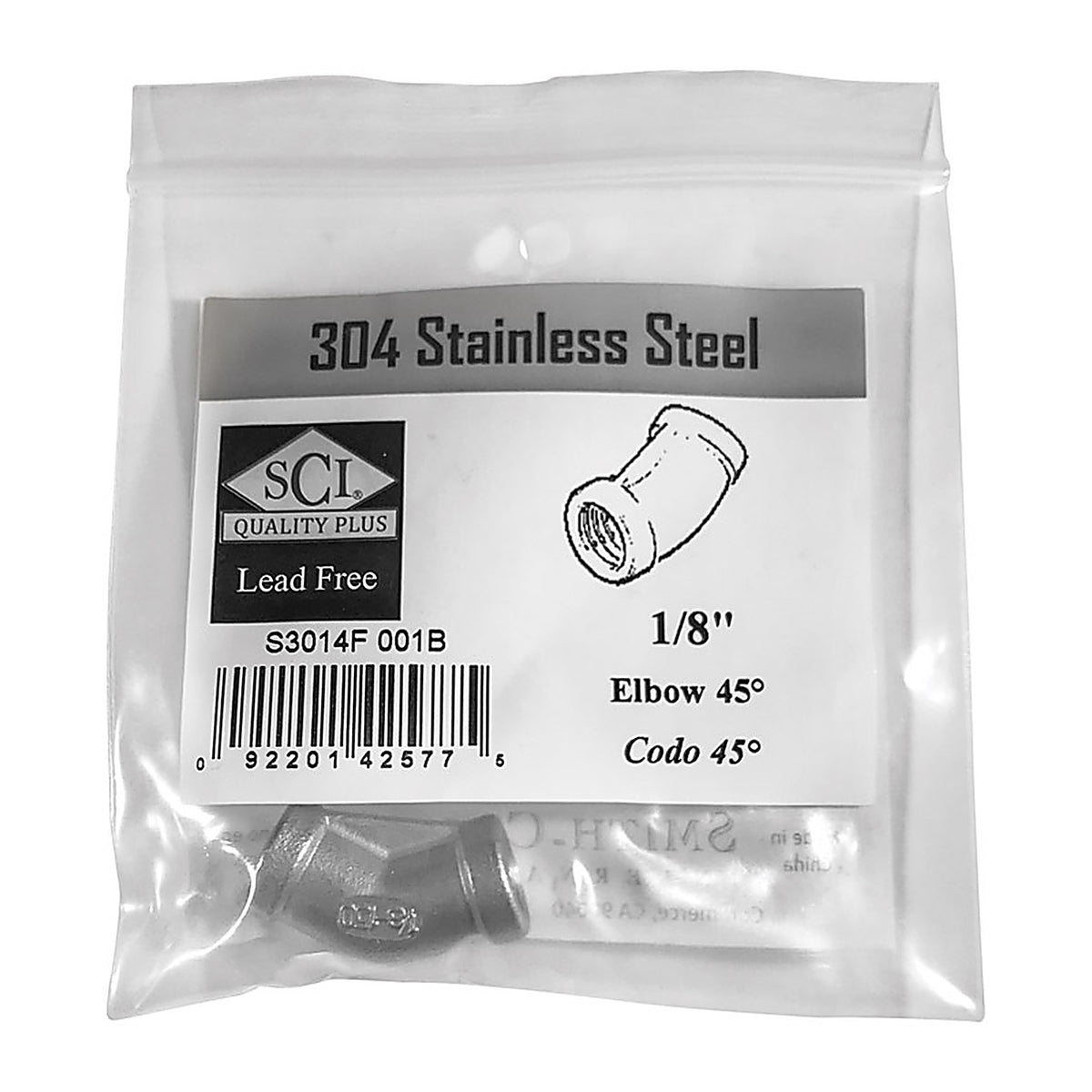 Smith-Cooper - 4638100600 - 1/8 in. FPT x 1/8 in. Dia. FPT Stainless Steel 45 Degree Elbow