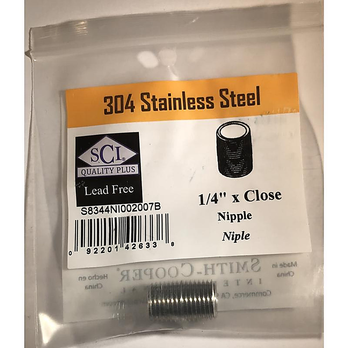 Smith-Cooper - 4632100200 - 1/4 in. MPT x Close in. L Stainless Steel Nipple