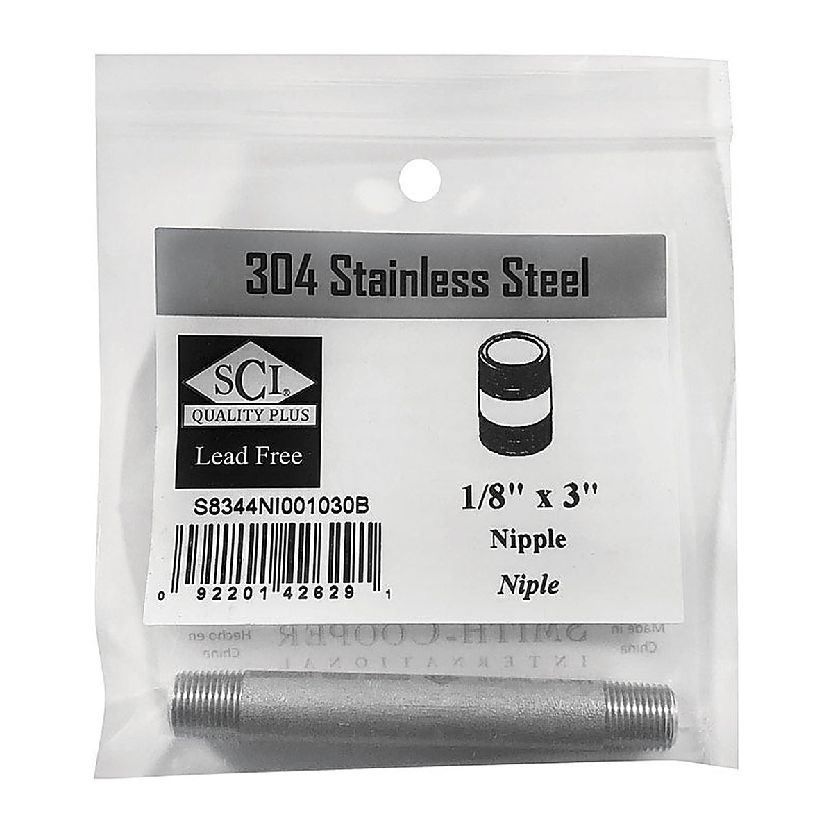 Smith-Cooper - S8344NI001030B - 1/8 in. MPT x 3 in. L Stainless Steel Nipple