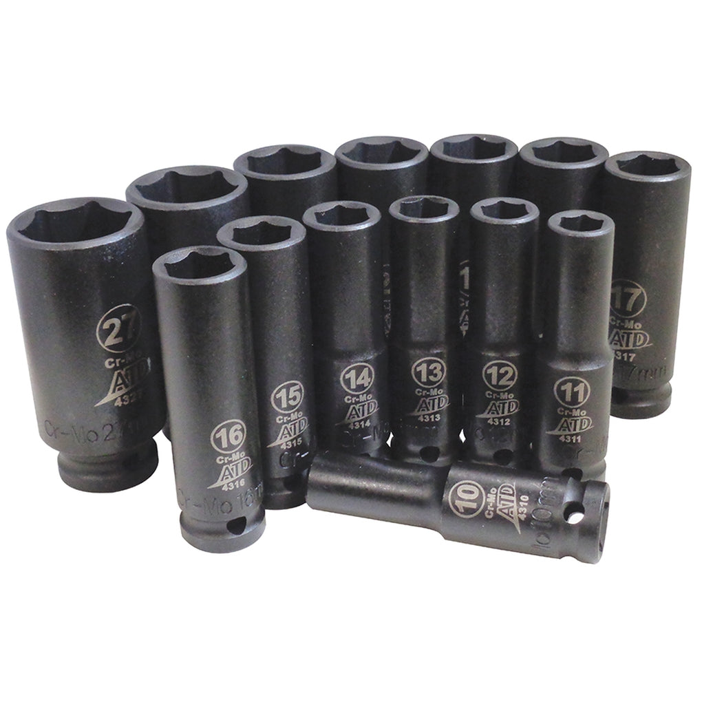ATD - 4301 - 14 Pc. 1/2 in Drive 6 Point Metric Deep Impact Socket Set