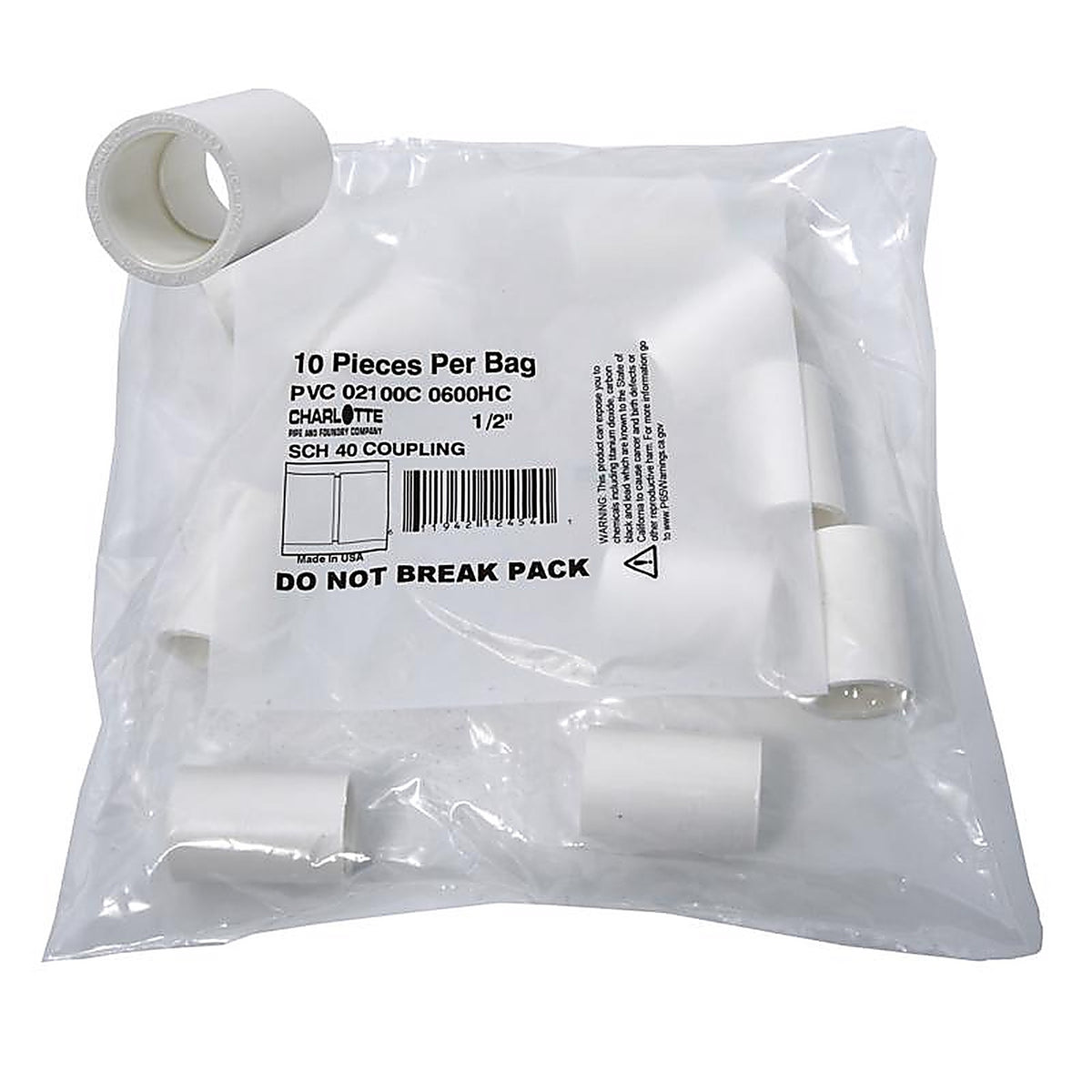 Charlotte Pipe - PVC02100C0600 - Schedule 40 1/2 in. Slip x 1/2 in. Dia. Slip PVC Coupling