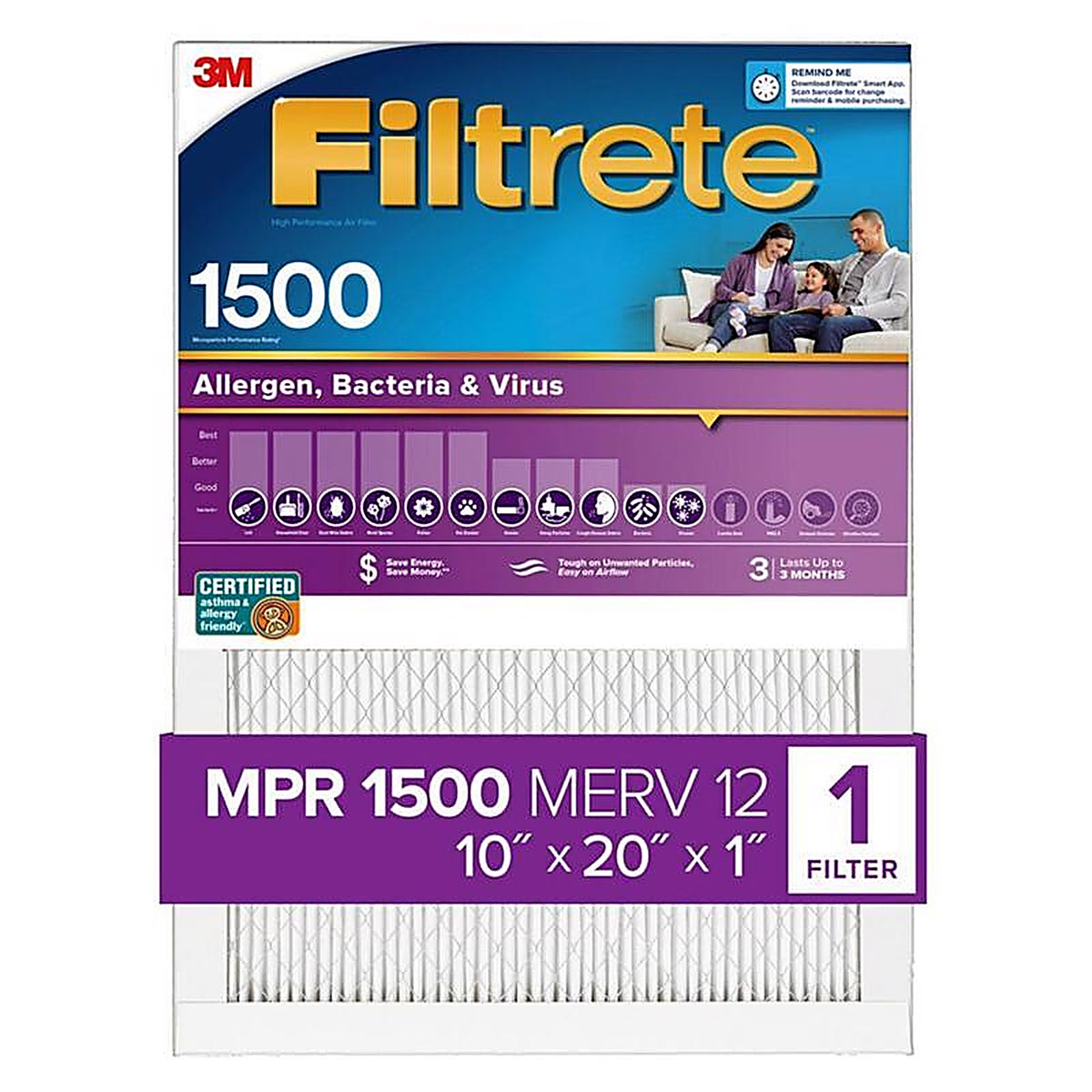 3M - 2007DC-4 - Filtrete 10 in. W X 20 in. H X 1 in. D 12 MERV Pleated Allergen Air Filter 1 pk