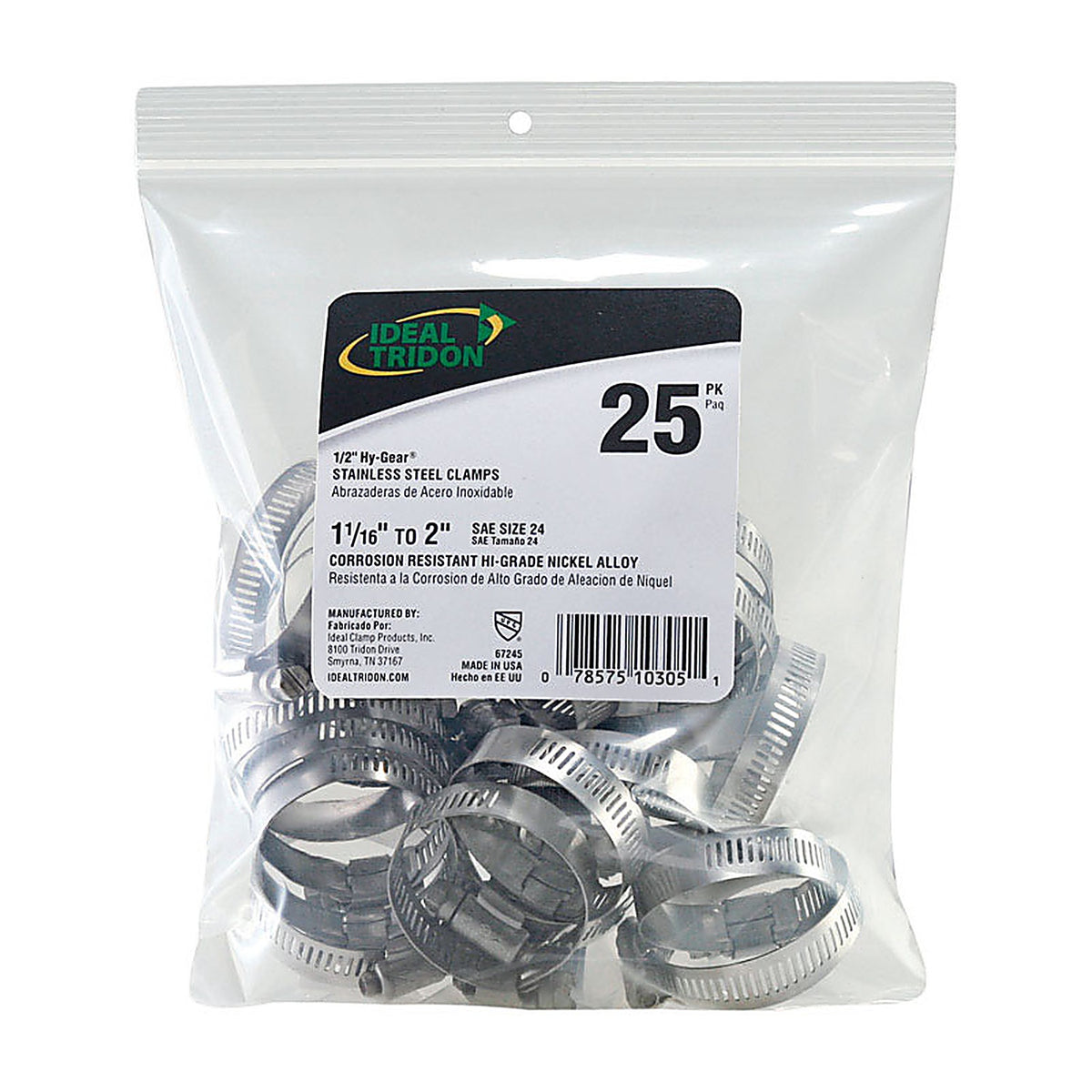Ideal - 6724550 - Hy Gear 1-1/16 in to 2 in. SAE 24 Silver Hose Clamp Stainless Steel Band