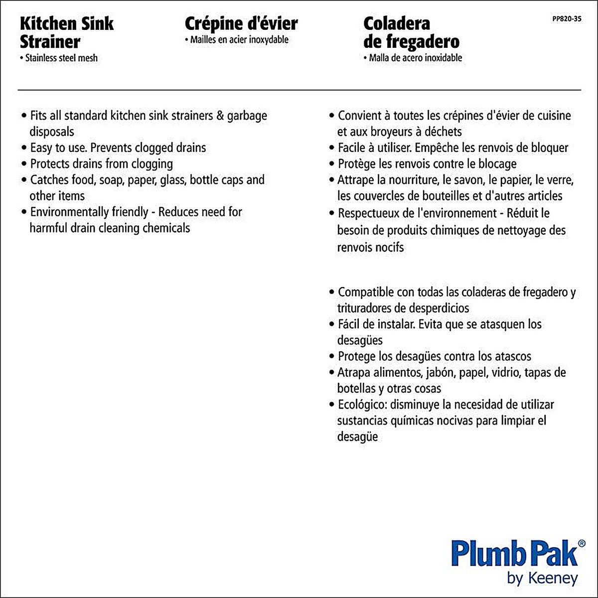 Plumb Pak - PP820-35 - 4-1/2 in. D Stainless Steel Mesh Strainer Silver