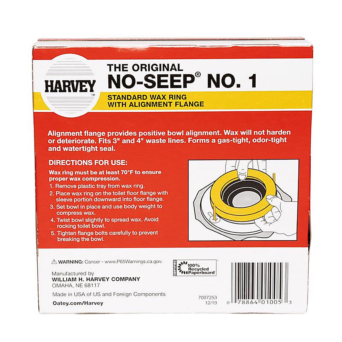 Oatey - 001005-24 - Harvey's No-Seep Wax Ring Polyethylene/Wax For 3 inch and 4 inch Waste Lines