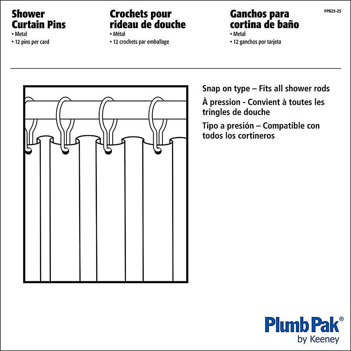 Plumb Pak - PP825-25 - Bright Plated Steel Shower Curtain Pins 12 pk