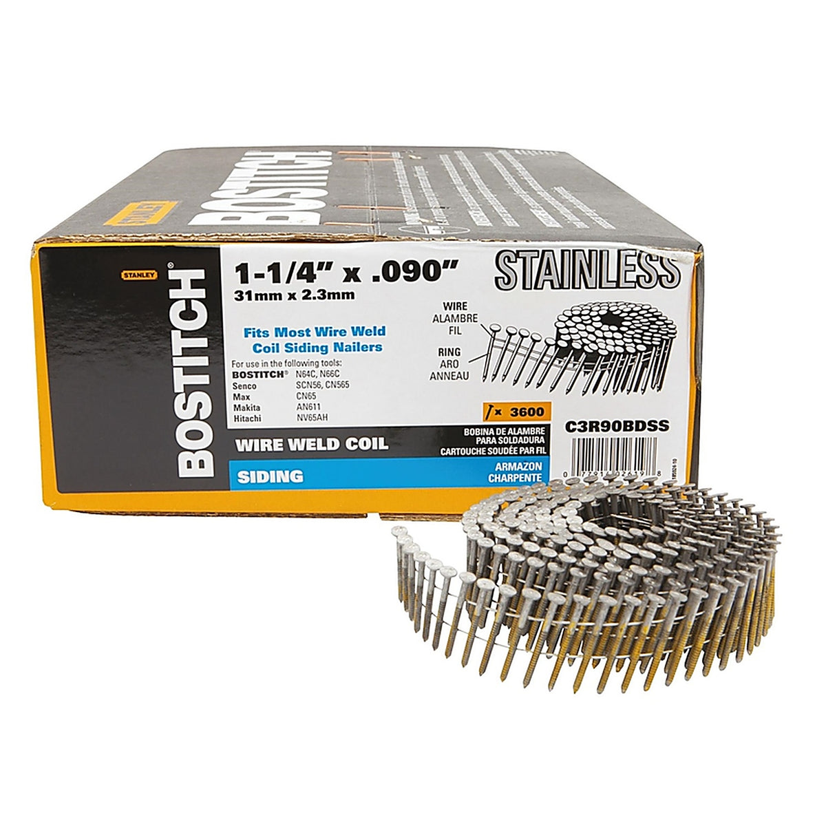 Bostitch - C3R90BDSS - 1-1/4 in. L X 11 Ga. Wire Coil Stainless Steel Siding Nails 15 deg 3,600 pk