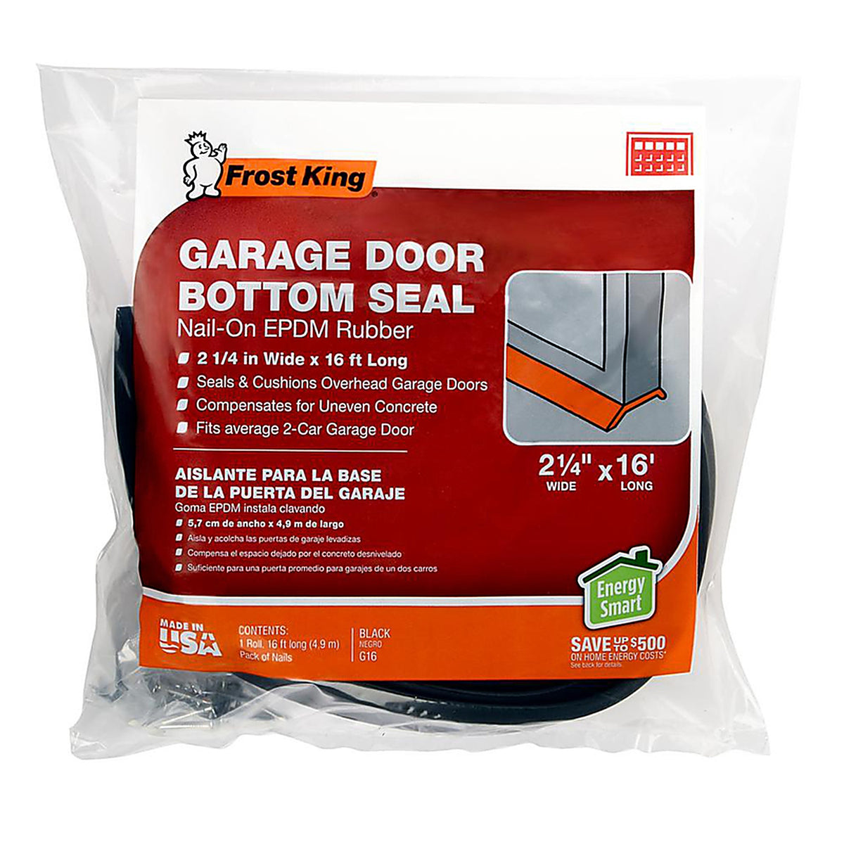 Frost King - G16H - 2-1/4 in. W X 16 ft. L Rubber Garage Door Bottom Kit