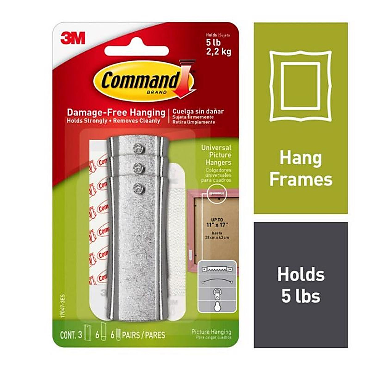 3M - 17047-3ES - Command Plastic Coated White Hanger Picture Hanger 5 lb. Metal - 3/Pack