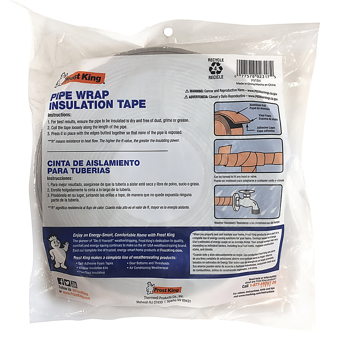 Frost King - FV15H - 2 in. W x 15 ft. L Tape Insulation Fiberglass Roll 2.5 sq. ft. Fiberglass