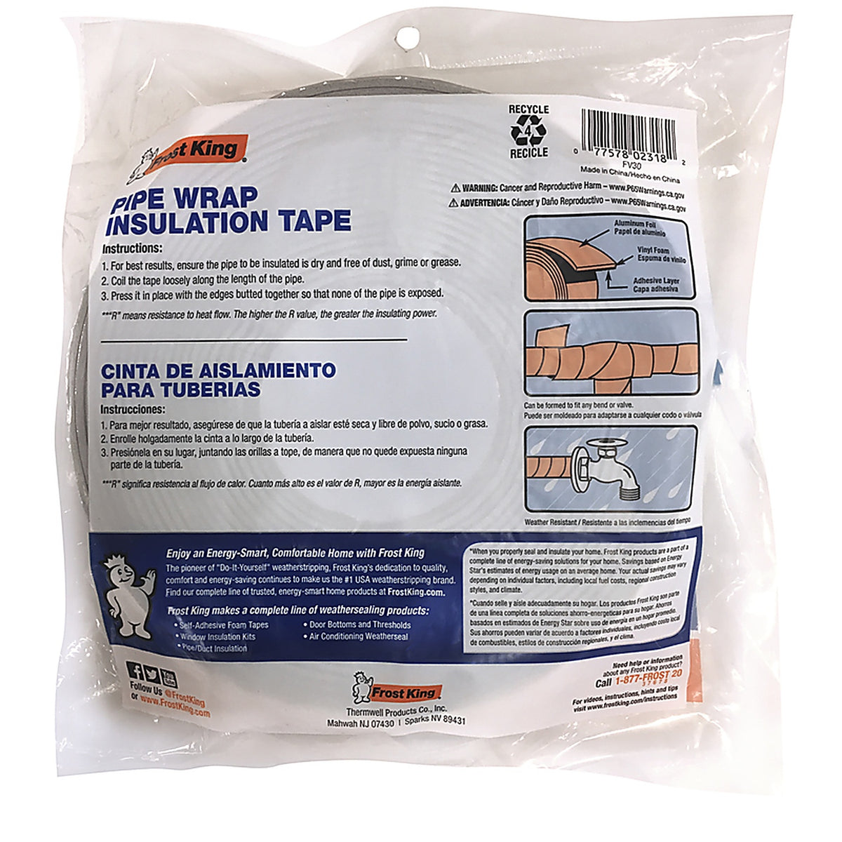 Frost King - FV30 - 2 in. W x 30 ft. L 2.0 Reflective Fiberglass Pipe Insulation Wrap Roll 5 sq. ft.
