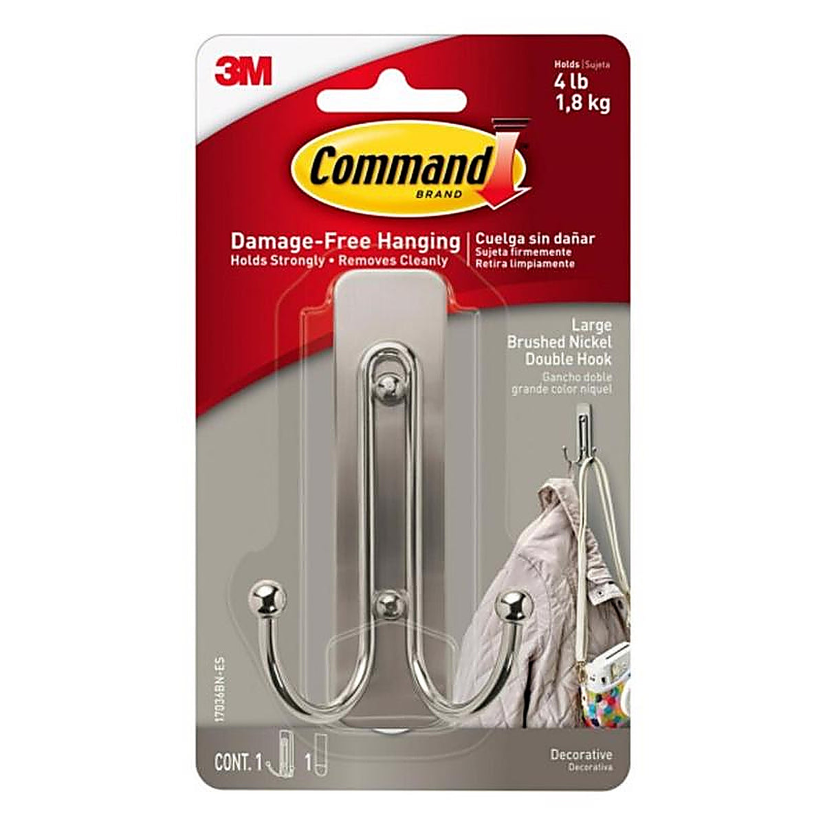 3M - 17036BN-ES - Command 2 in. L Brushed Nickel Metal Large Double Hook 4 lb. capacity - 1/Pack