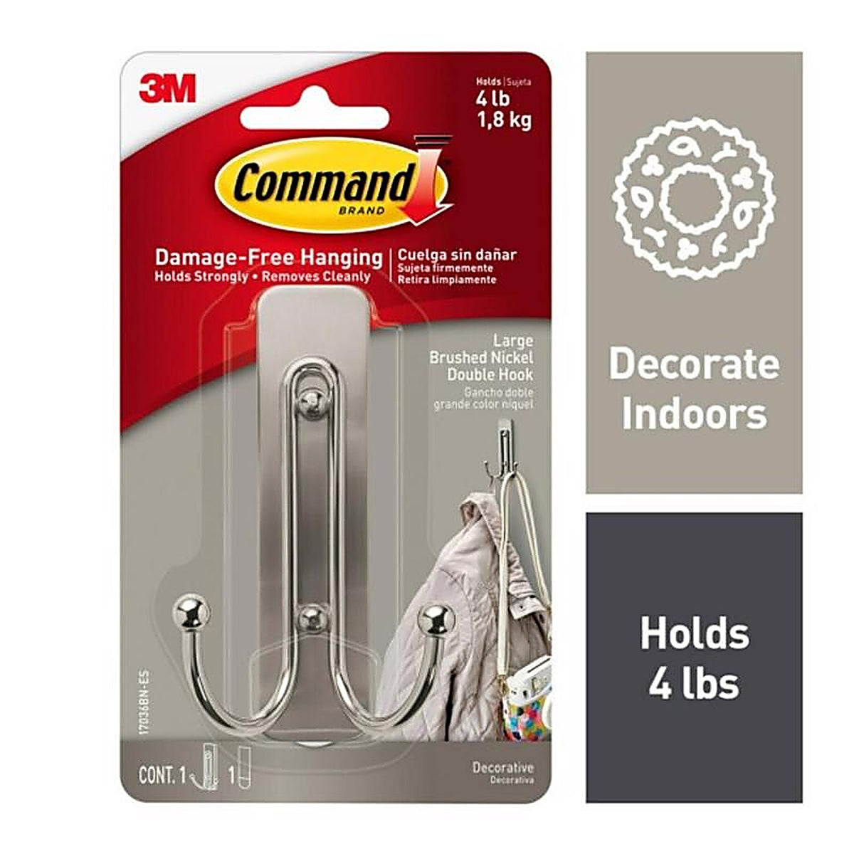 3M - 17036BN-ES - Command 2 in. L Brushed Nickel Metal Large Double Hook 4 lb. capacity - 1/Pack