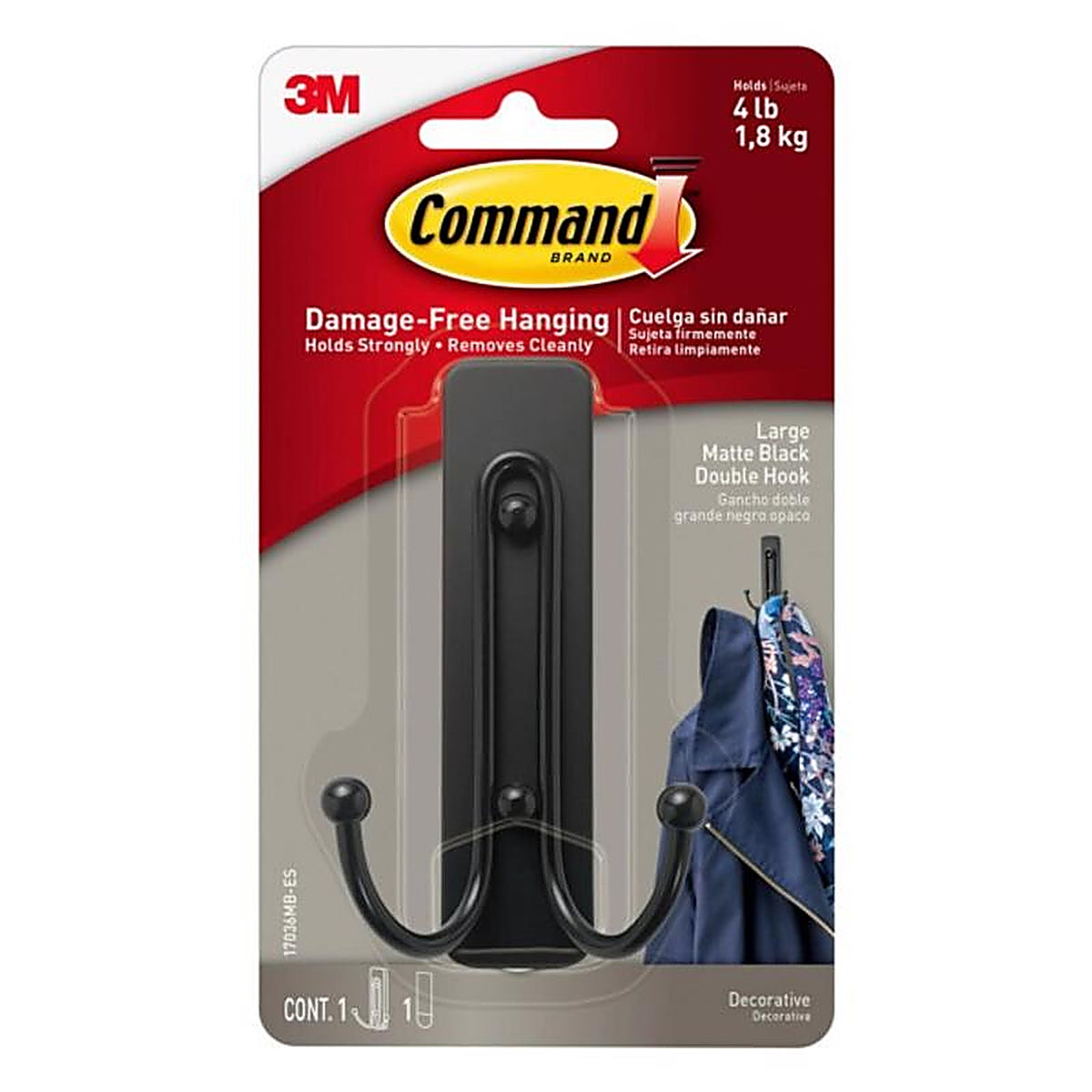 3M - 17036MB-ES - Command 2 in. L Matte Black Metal Large Double Hook 4 lb. capacity - 1/Pack