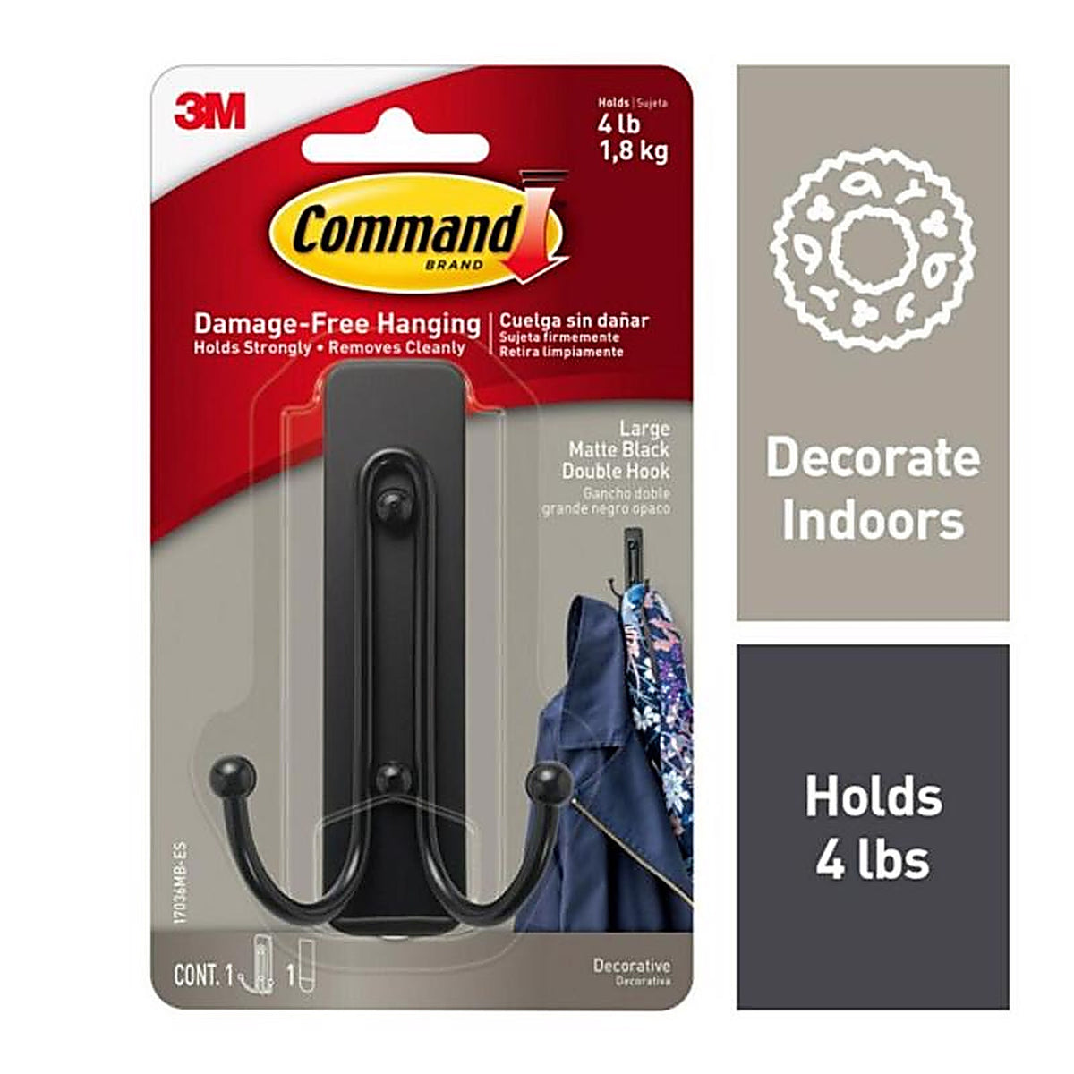 3M - 17036MB-ES - Command 2 in. L Matte Black Metal Large Double Hook 4 lb. capacity - 1/Pack