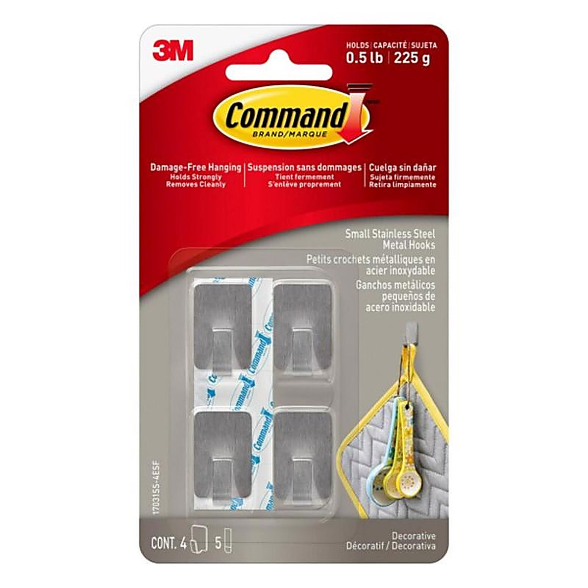 3M - 17031SS-4ES - Command Stainless Steel Metal Small Hook 0.5 lb. capacity - 4/Pack