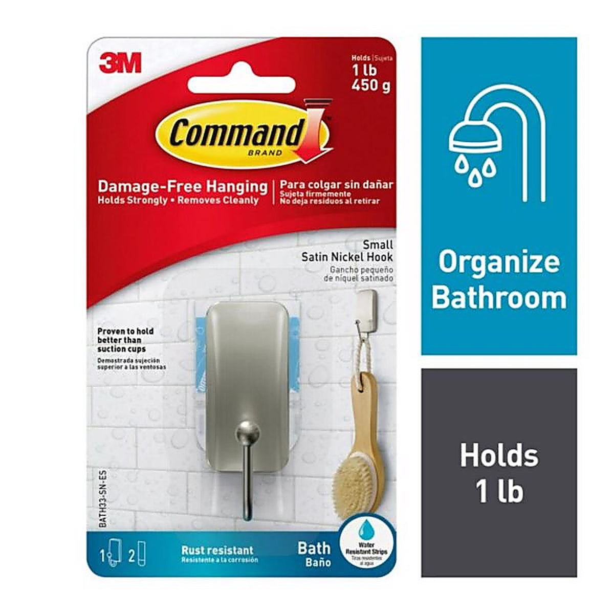 3M - BATH33-SN-ES - Command 1.18 in. L Satin Nickel Silver Adhesive Hook