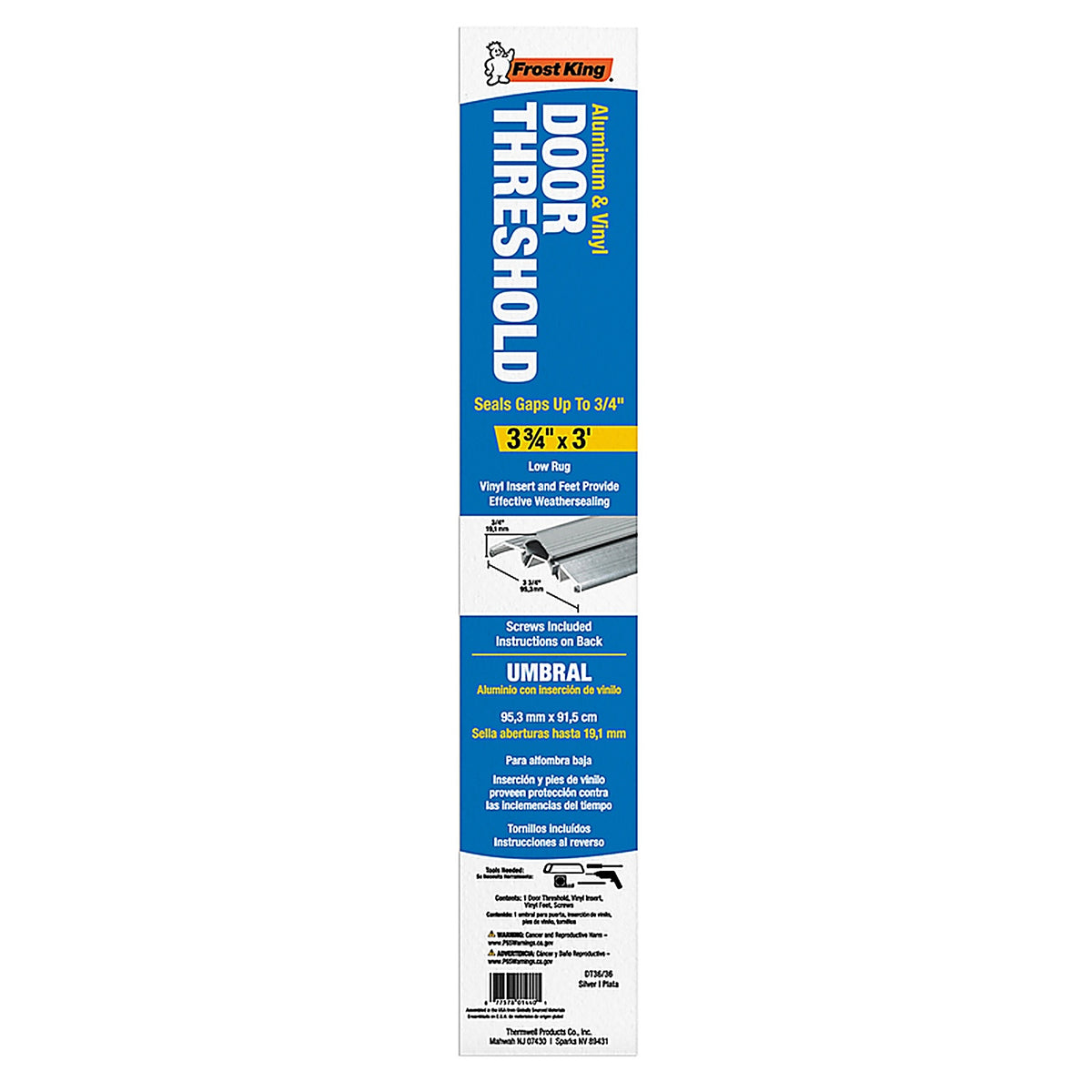 Frost King - DT36/36A - 0.75 in. H X 3.75 in. W X 36 in. L Aluminum/Vinyl Threshold Silver