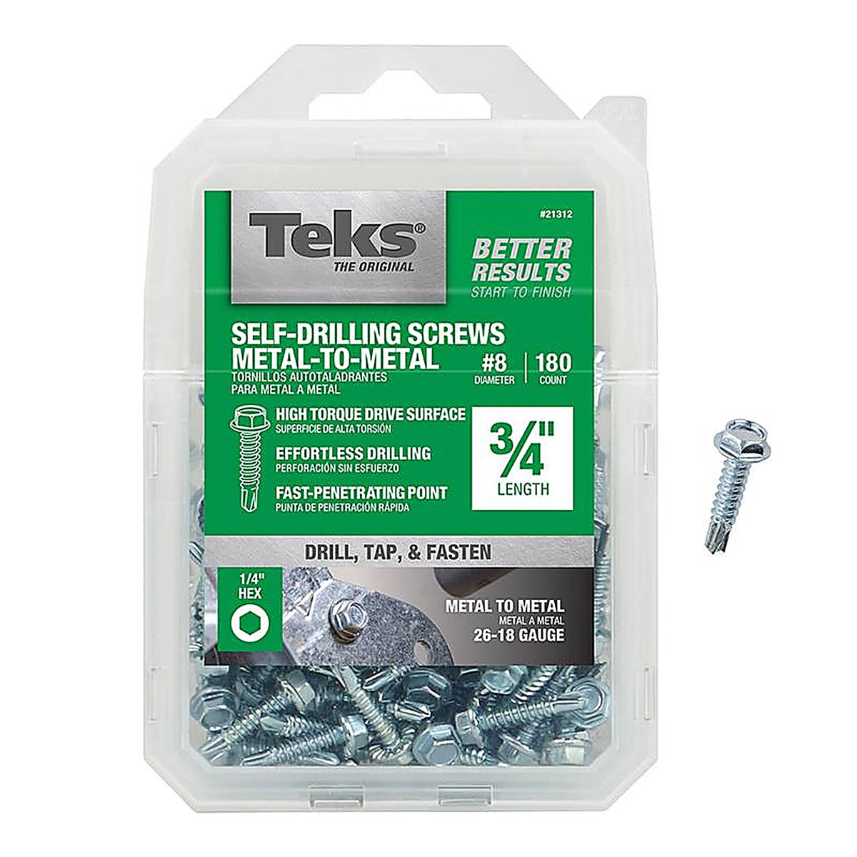 Teks - 21312 - No. 8 x 3/4 in. L Hex Washer Head Zinc-Plated Steel Sheet Metal Screws - 180/Pack