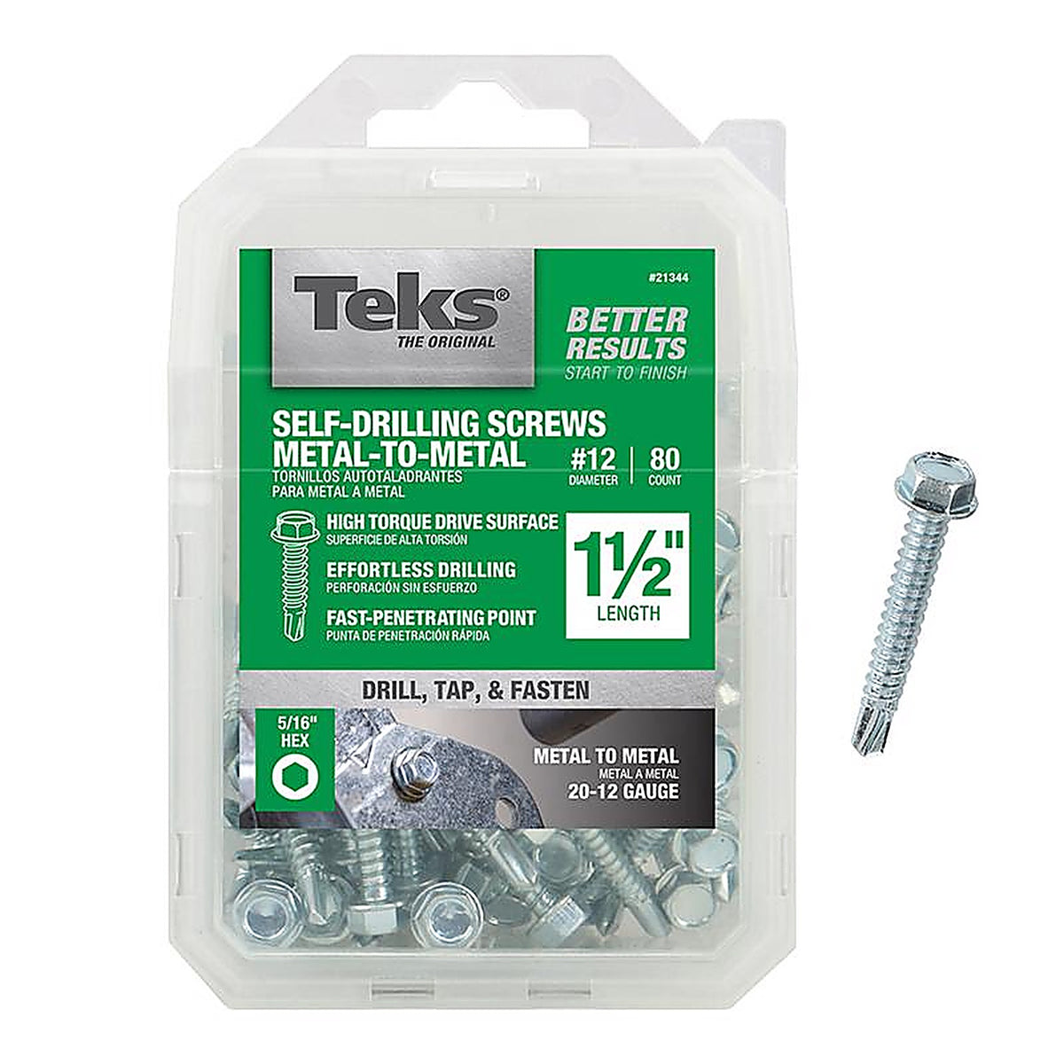 Teks - 21344 - No. 12 x 1-1/2 in. L Hex Washer Head Zinc-Plated Steel Sheet Metal Screws - 80/Pack