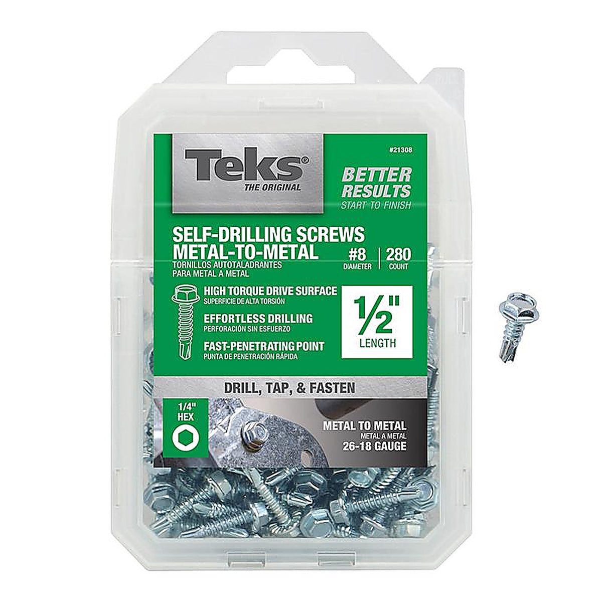 Teks - 21308 - No. 8 x 1/2 in. L Hex Washer Head Zinc-Plated Steel Sheet Metal Screws - 280/Pack