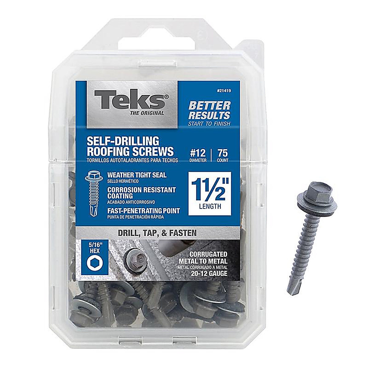 Teks - 21419 - No. 12 x 1-1/2 in. L Hex Washer Head Roofing Screws - 75/Pack
