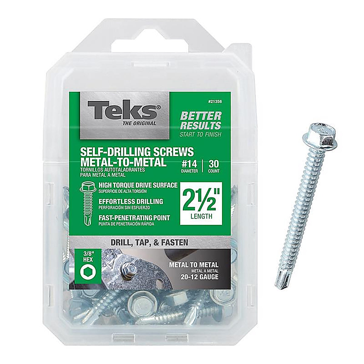 Teks - 21356 - No. 14 x 2-1/2 in. L Hex Washer Head Zinc-Plated Steel Sheet Metal Screws - 30/Pack