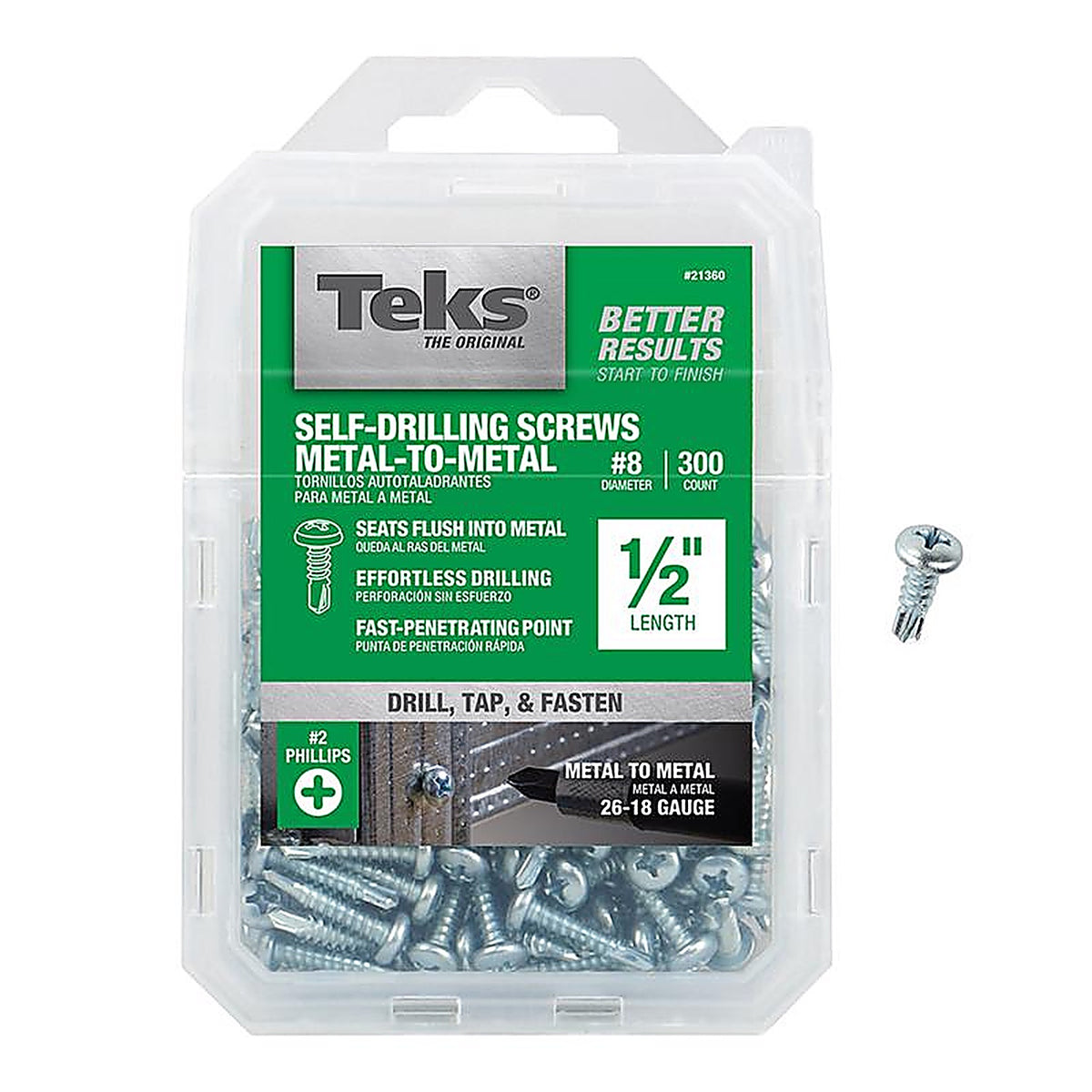 Teks - 21360 - No. 8 x 1/2 in. L Phillips Pan Head Zinc-Plated Steel Sheet Metal Screws - 300/Pack