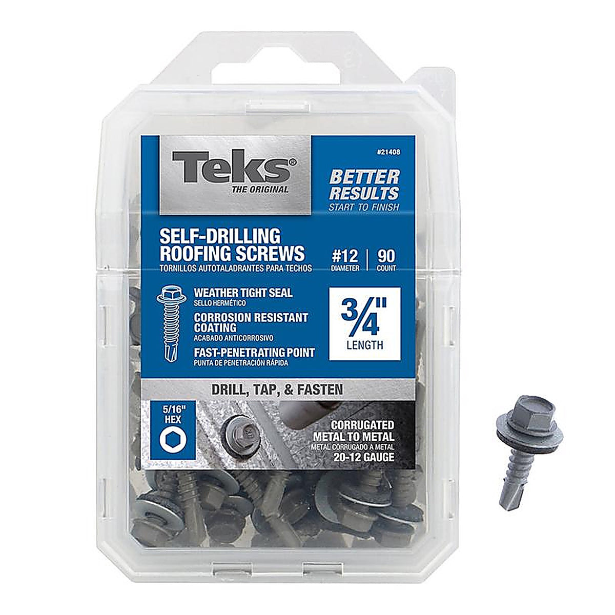 Teks - 21408 - No. 12 x 3/4 in. L Hex Washer Head Roofing Screws - 90/Pack