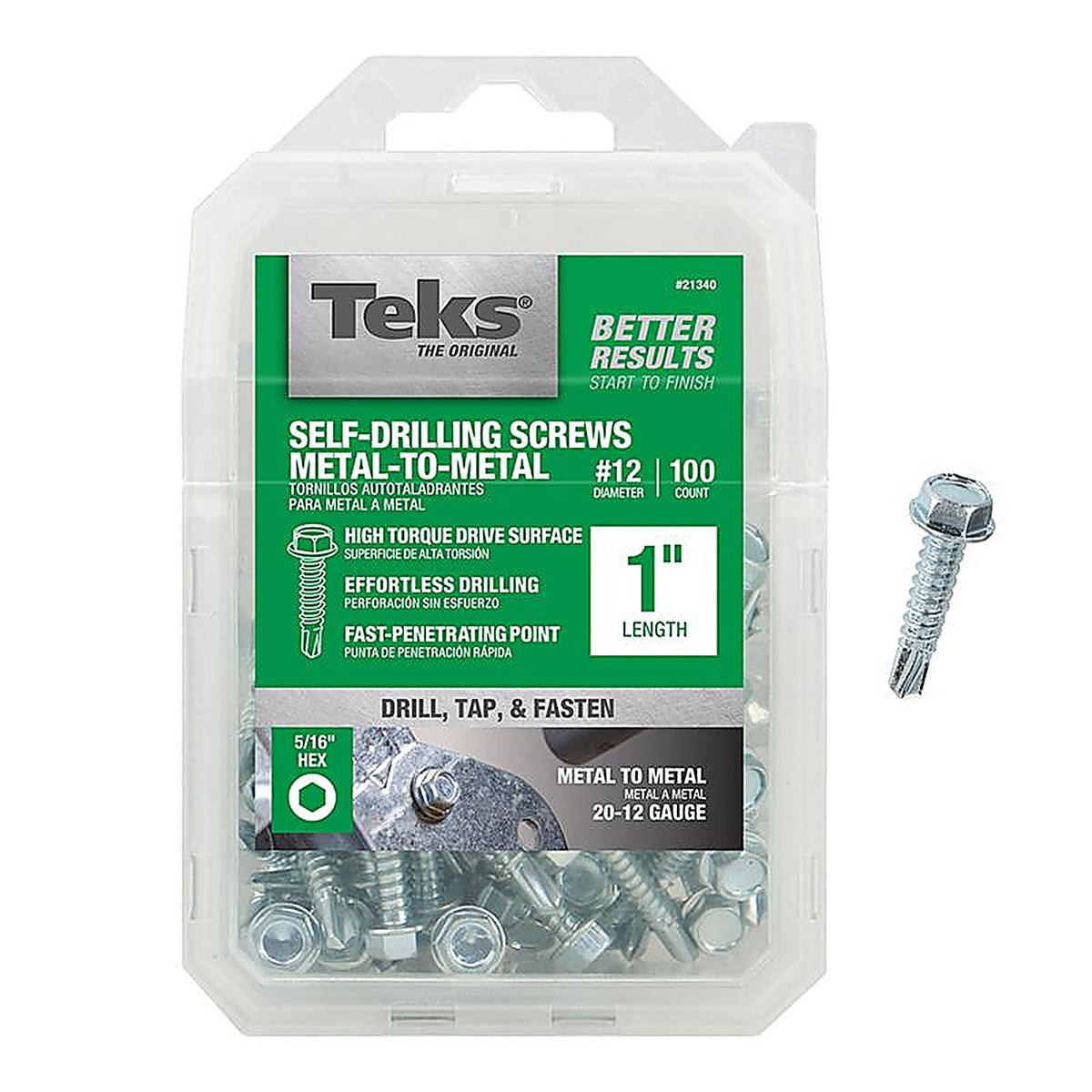 Teks - 21340 - No. 12 x 1 in. L Hex Washer Head Zinc-Plated Steel Sheet Metal Screws - 100/Pack