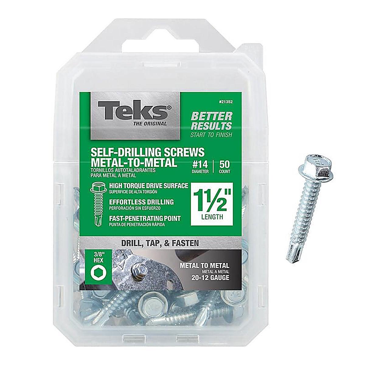 Teks - 21352 - No. 14 x 1-1/2 in. L Hex Washer Head Zinc-Plated Steel Sheet Metal Screws - 50/Pack